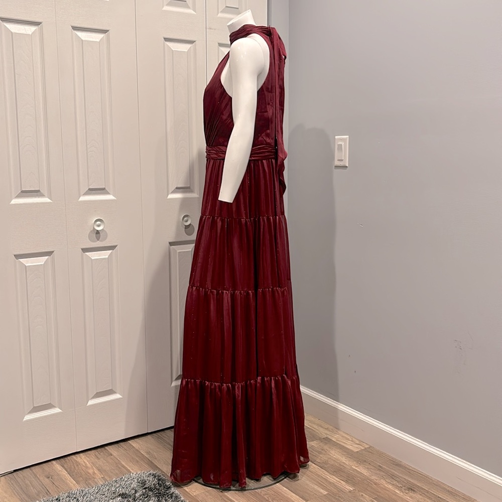 NWOT Mac Duggal burgundy tiered halter gown - Picture 10 of 16
